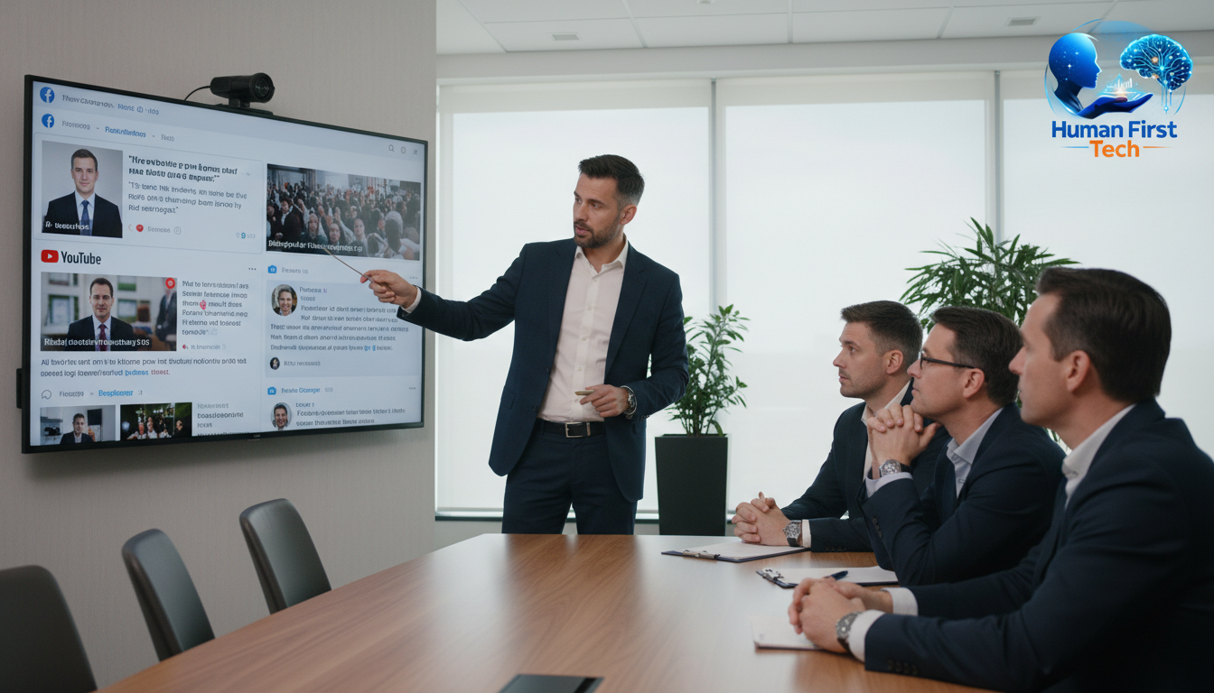 A business leader explaining AI-generated information on a large screen to colleagues, illustrating human oversight and responsibility in artificial intelligence decisions.