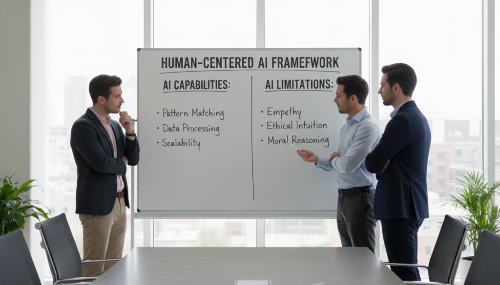 Business meeting discussing AI framework.