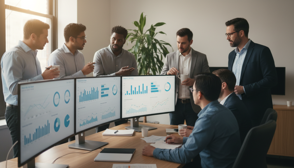 Group discussing AI generated data on monitors.