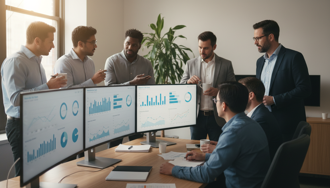 Group discussing AI generated data on monitors.