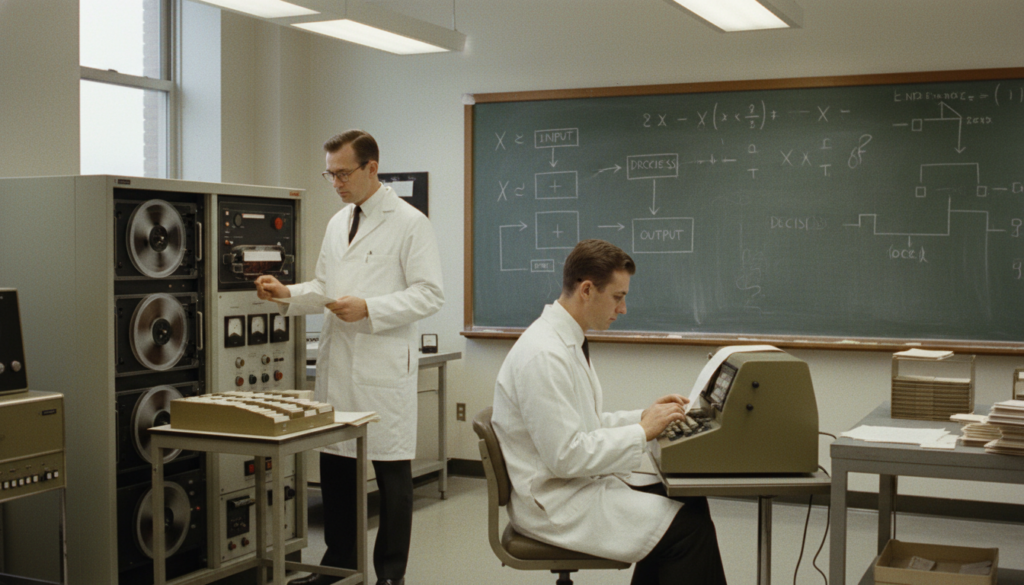 Early symbolic AI researchers working with rule-based systems and mainframe computers in the 1960s
